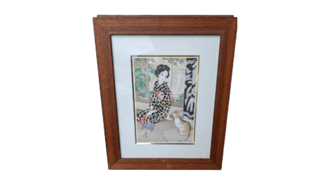 竹久夢二 木版画(猫と女性)を買取しました